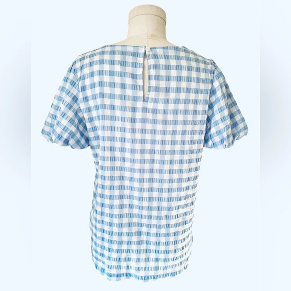 Ann Taylor Gingham Bubble Sleeve Top in blue and white check seersucker blouse - Picture 8 of 11